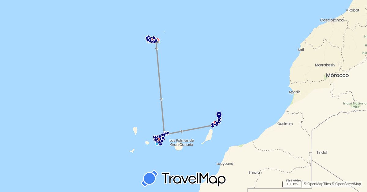 TravelMap itinerary: driving, plane, hiking, boat in Spain, Portugal (Europe)