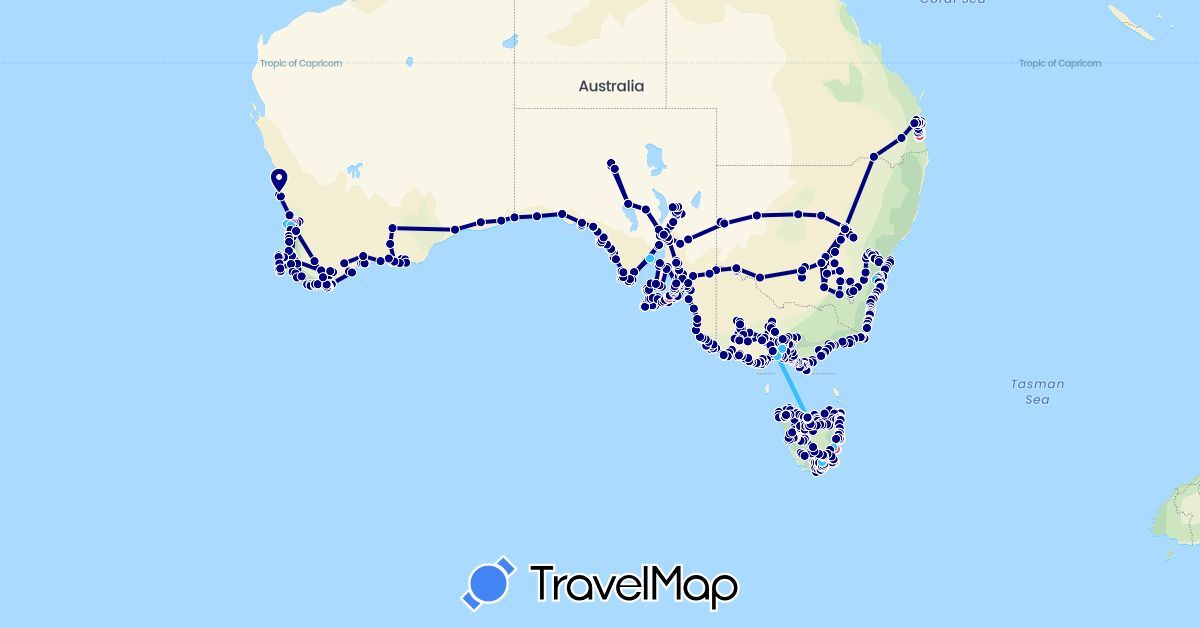 TravelMap itinerary: driving, bus, train, hiking, boat, hitchhiking in Australia (Oceania)